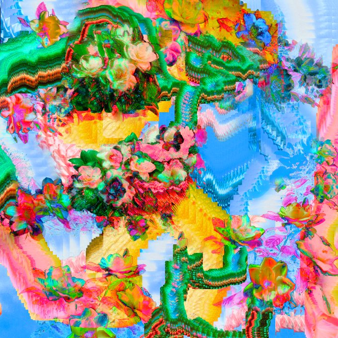 A highly saturated, textured digital artwork featuring lush green, pink, and yellow floral and foliage patterns with a quilted, almost pixelated aesthetic against a blue sky background.
