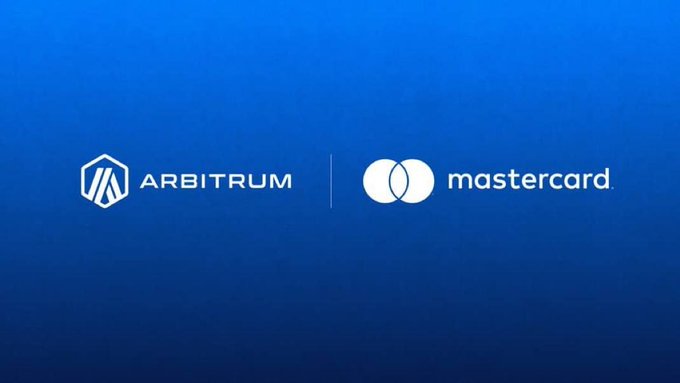 The image features a blue background with white text that reads "Mastercard has chosen Arbitrum as the foundation for its new global stablecoin infrastructure". The text is positioned at the bottom of the image, making it easily readable against the blue backdrop.