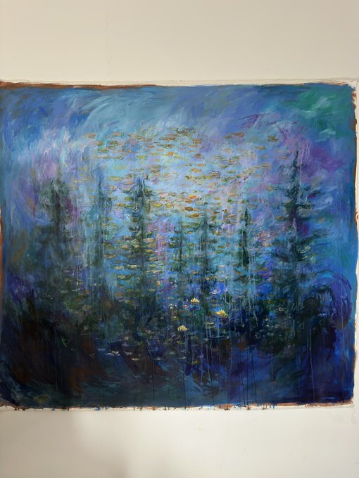 A blue-toned impressionistic painting of a forest with tall pine trees and scattered golden flowers.