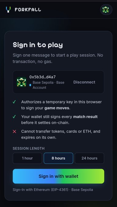 A 'Sign in to play' screen for Forkfall showing a connected wallet (0x5b3d...d4a7 on Base Sepolia) with options for session length and a 'Sign in with wallet' button.