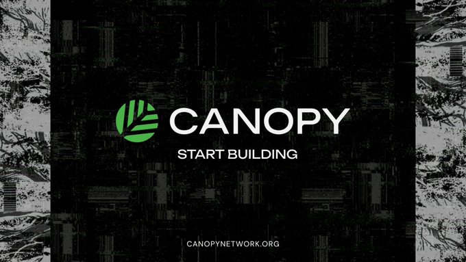 The image features a black background with white text that reads "Canopy Start Building". The text is written in a green circle shape, which stands out against the black background. The caption below the image provides information about the website or platform related to Canopy Network.