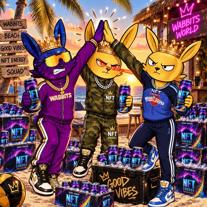 A vibrant, stylized illustration of three anthropomorphic rabbits wearing crowns and tracksuits, high-fiving in a tropical setting with crates of 'NFT ENERGY' drink and signage reading 'WABBITS BEACH' and 'WABBITS WORLD'.