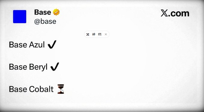 The image shows a tweet from @base on X.com displaying the statuses of three projects—"Base Azul ✔️," "Base Beryl ✔️," and "Base Cobalt ⏳"—indicating that Azul and Beryl are completed while Cobalt is awaiting completion, aligning with the post's mention of these stages and the anticipation for a potential $BASE TGE.
