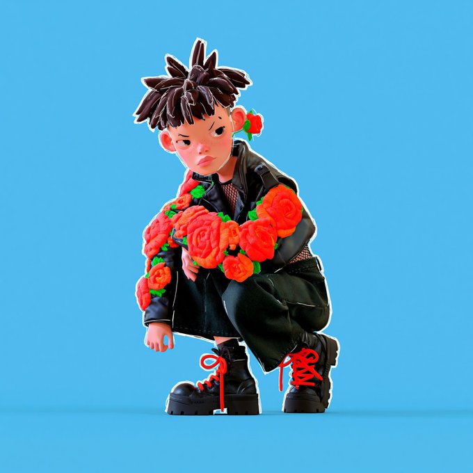 A 3D-rendered character with spiky dark hair wears a black leather outfit adorned with red roses and chunky black boots, posed against a blue background.