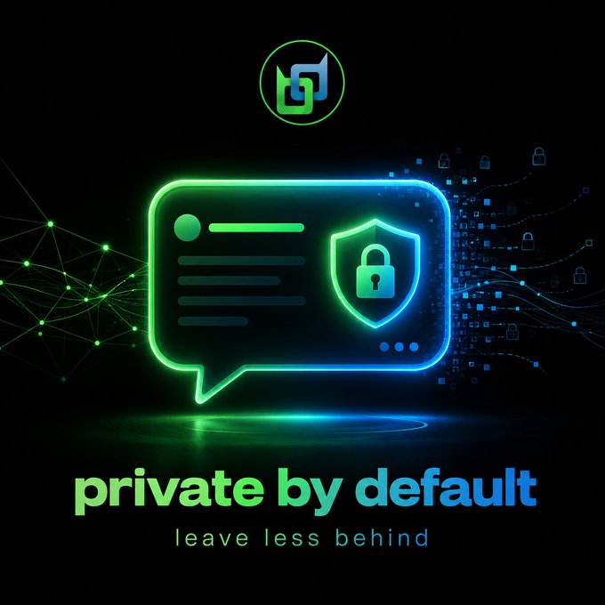 A digital graphic featuring a glowing neon speech bubble with a shield and padlock icon, accompanied by the text "private by default" and "leave less behind" on a dark background.