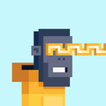 A small pixel art sprite of a dark-haired character wearing an orange outfit and holding a glowing orange pixelated weapon.