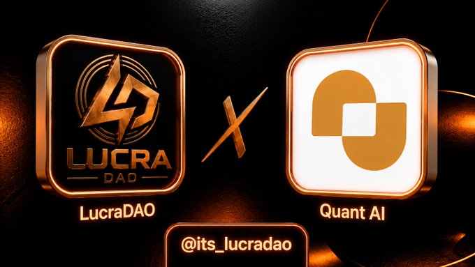 A promotional graphic showing two app-style icons side by side: "LUCRA DAO" on the left (black with gold lightning bolt logo) and "Quant AI" on the right (white with gold stylized "Q"), separated by an "X" symbol on a dark background with the handle "@its_lucradao."