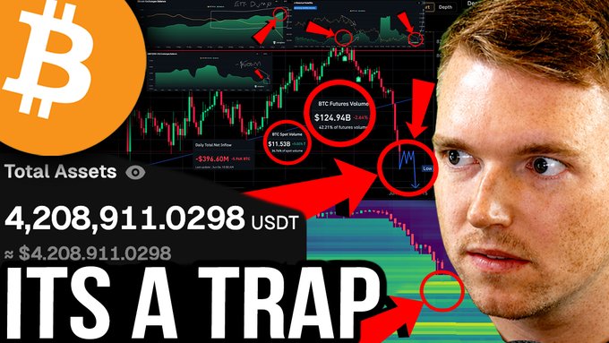 The image shows a man with his face partially obscured, looking at the post about Bitcoin. The post includes an infographic or chart displaying the Bitcoin price for various periods of time. A large "B" logo is also present in the image.