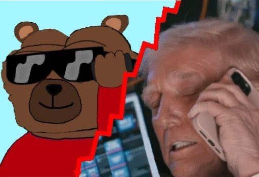 A split image showing a cartoon bear wearing sunglasses on the left and an older man on a phone on the right, separated by a red jagged line, likely representing a market split.