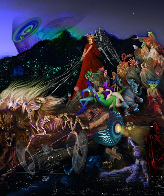 A vibrant surreal digital fantasy artwork featuring an angelic figure in red, mystical creatures, ghostly animals, a skeleton riding a chariot, and otherworldly landscapes under a cosmic sky.