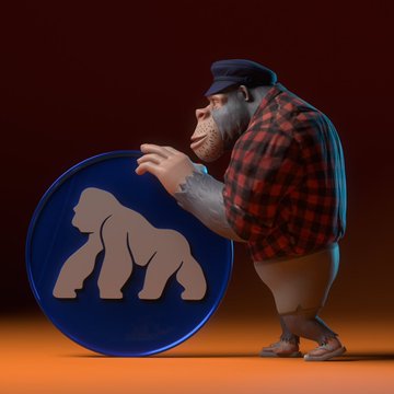 The image features a cartoon character, likely a gorilla or a monkey, standing next to a blue coin with an "APE" symbol on it. The character appears to be holding the coin in its hand. In the background, there are some text elements that read "@mfigge we trust!!". This suggests that the image is related to a post about a bag of APE or something similar, and the cartoon character might be promoting or discussing this item.