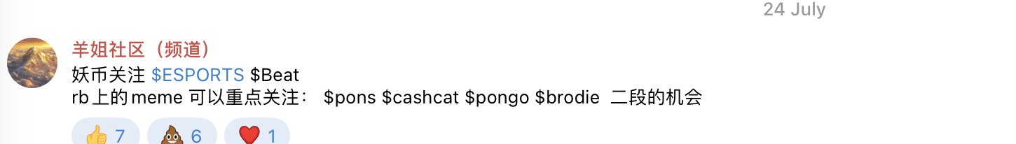A social media post from the 羊姐社区 (频道) on 24 July recommending community members to focus on meme coins on rb, specifically $ESPORTS, $Beatrb, $pons, $cashcat, $pongo, and $brodie, with 7 likes, 6 poop emojis, and 1 heart reaction, aligning with the user's reflection on timing entries and playing "banker coins."