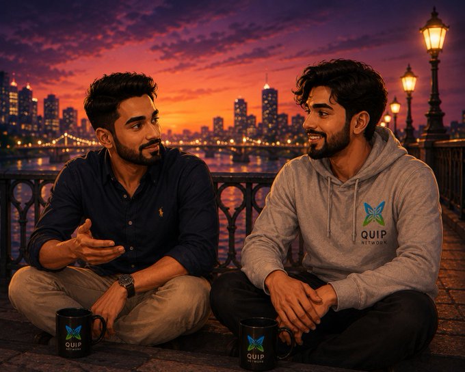Two men sitting cross-legged on a waterfront at sunset with a city skyline behind them; one wears a blue shirt and the other wears a grey 'QUIP NETWORK' hoodie, with two branded 'QUIP NETWORK' mugs in front of them.