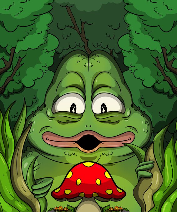 A cartoon illustration depicts a large, friendly green frog with big eyes and a wide smile, holding a red and yellow spotted mushroom in a lush green forest setting.