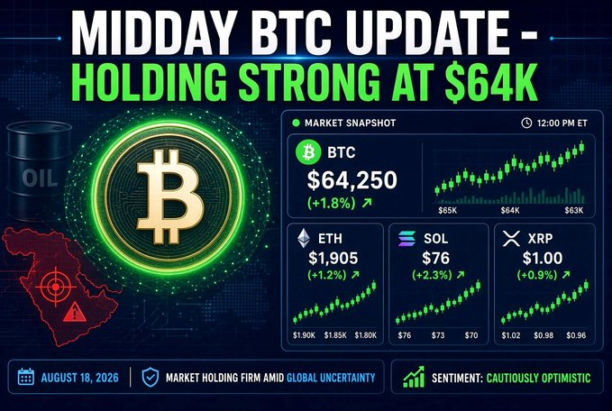 A crypto market update graphic titled 'MIDDAY BTC UPDATE - HOLDING STRONG AT $64K' dated August 18, 2026, showing BTC at $64,250 (+1.8%), ETH at $1,905, SOL at $76, and XRP at $1.00, with sentiment marked 'CAUTIOUSLY OPTIMISTIC'.