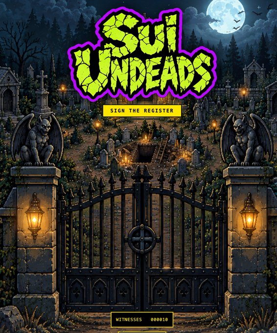 A gothic promotional graphic for 'SUI UNDEADS' featuring a graveyard scene with gargoyles, a wrought iron gate, and buttons labeled 'SIGN THE REGISTER' and 'WITNESSES 000010'.