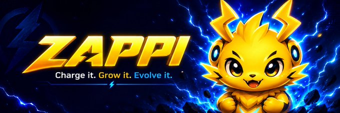 A promotional banner for 'ZAPPI' featuring a yellow, fox-like cartoon character with large ears against a background of blue lightning bolts, with the tagline 'Charge it. Grow it. Evolve it.'