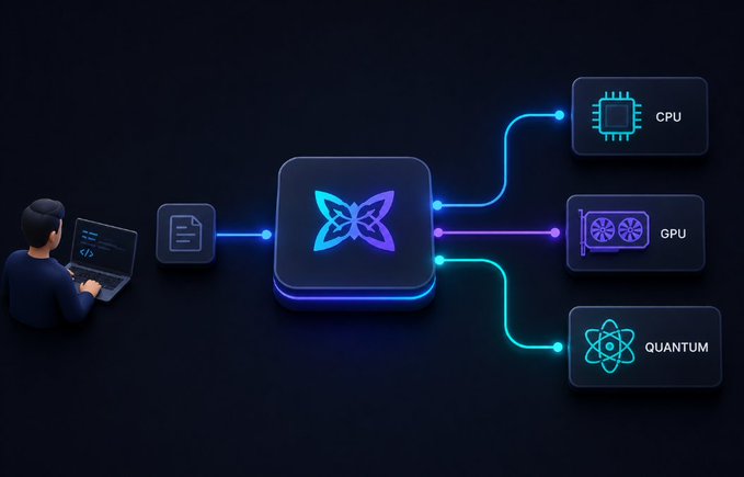 A digital 3D illustration shows a person coding on a laptop connected to a central butterfly icon, which branches out via glowing lines to CPU, GPU, and Quantum processing units.