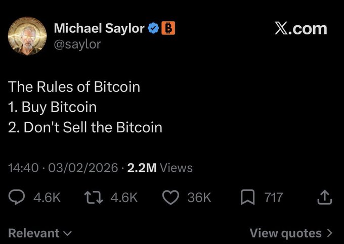 A tweet from Michael Saylor (@saylor) reading 'The Rules of Bitcoin: 1. Buy Bitcoin 2. Don't Sell the Bitcoin', dated 03/02/2026 with 2.2M views, 36K likes, and 4.6K retweets.