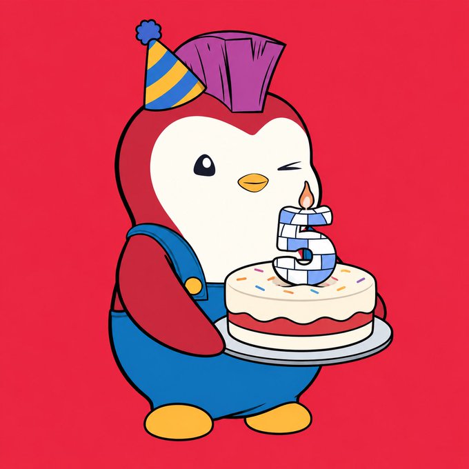 Cartoon penguin wearing a party hat and overalls, winking while holding a birthday cake with a candle shaped like the number 5 on a red background.