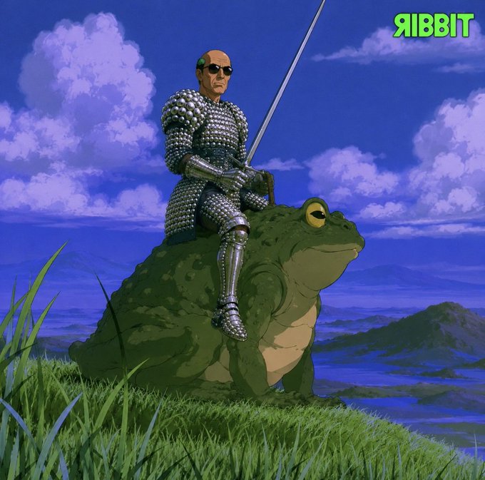 Digital artwork labeled 'RIBBIT' depicting a bald man in chainmail armor and sunglasses sitting atop a large green frog in a grassy landscape.