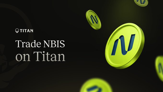 The image is a promotional graphic with a dark background featuring several floating yellow-green coins bearing the "N" logo (representing NBIS/Nebius) and the text "TITAN" with its logo at the top left, alongside the headline "Trade NBIS on Titan." This visual ties directly to the post by showcasing Titan's listing of the tokenized Nebius (NBIS) token issued by Backpack on Solana via Sunrise.