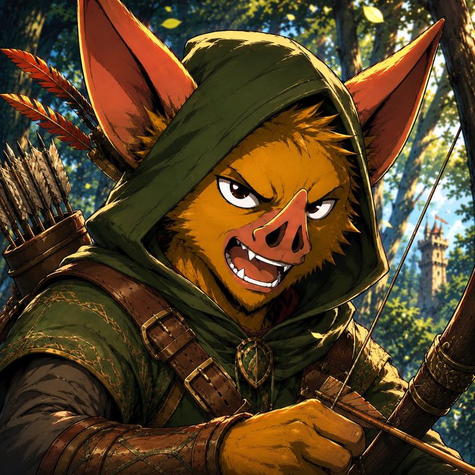 A digital illustration of an anthropomorphic boar or pig character wearing a green hooded cloak, holding a bow and a quiver of arrows, with a castle visible in the distant forest background.