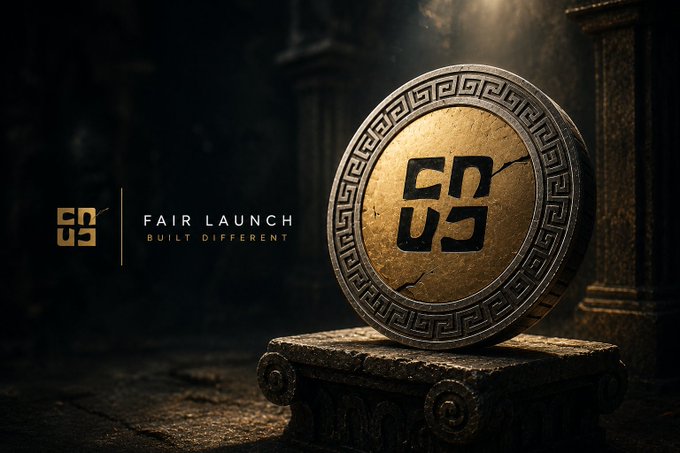 The image features an old coin with the number "65" on it, placed on top of a pedestal or stone slab. The background appears to be dark, which contrasts with the gold color of the coin. The caption below the coin reads "Fair launch" and "built different", suggesting that this is a promotional piece for a fair or event related to the coin's history or significance.