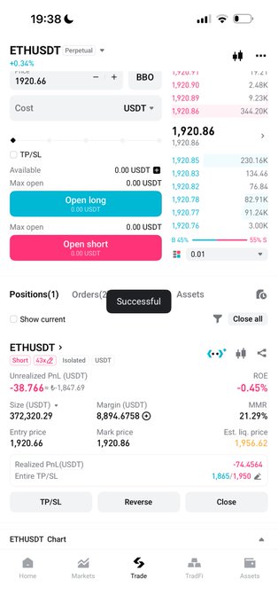 This image shows a currently active short trade on ETHUSDT with an entry price of 1,920.66 and an unrealized PnL of -38.766 USDT, indicating the trade is currently at a loss.