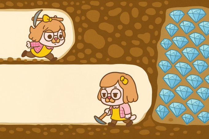 A cartoon-style illustration depicting a mining or digging theme, showing two character versions with a pickaxe alongside a large cluster of blue diamond gems on the right.