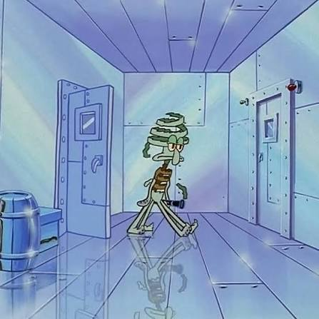 A cartoon of Squidward from SpongeBob SquarePants walking down a hallway wrapped in toilet paper like a mummy.