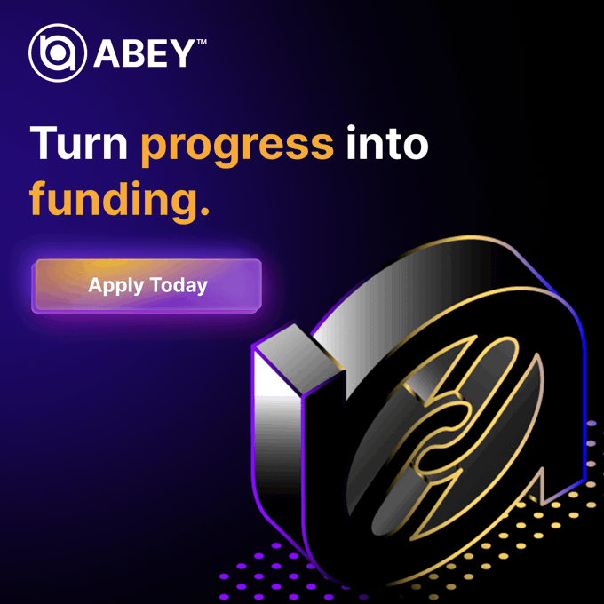 A promotional graphic for 'ABEY' featuring the text 'Turn progress into funding' and an 'Apply Today' button, with a 3D metallic logo on a dark purple background.