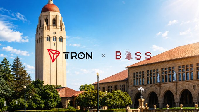 A promotional image showing the TRON and BOSS logos overlaid on a photograph of a university campus building with a tall bell tower and red-tiled roofs under a blue sky.