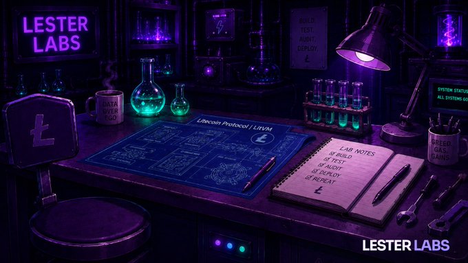 A moody purple-lit laboratory scene branded 'Lester Labs' featuring beakers of glowing green liquid, a blueprint labeled 'Litecoin Protocol / LitVM,' and a lab notebook with handwritten notes about building, testing, auditing, and deploying.