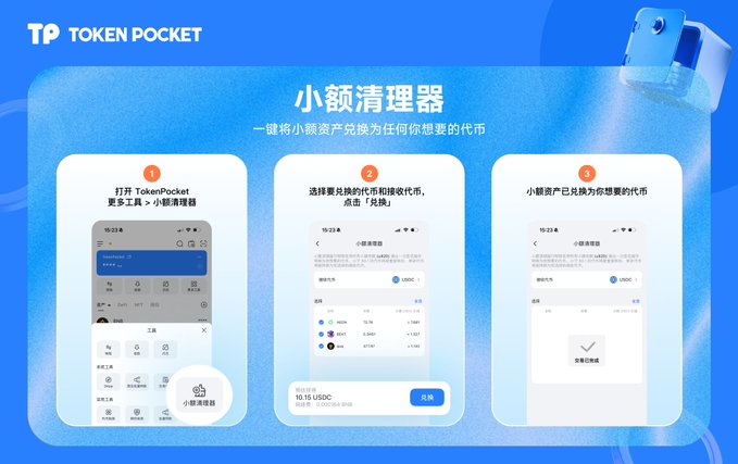 An advertisement for the Token Pocket app's '小额清理器' (Small Amount Cleaner) feature showing a three-step process for converting small balances into USDC.