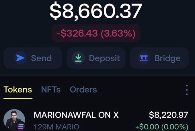 A crypto wallet dashboard shows a balance of $8,660.37, down $326.43 (3.63%), with a token holding of 1.29M MARIONAWFAL worth $8,220.97, illustrating the financial losses warned about in the post about FOMO-driven meme coin buying.