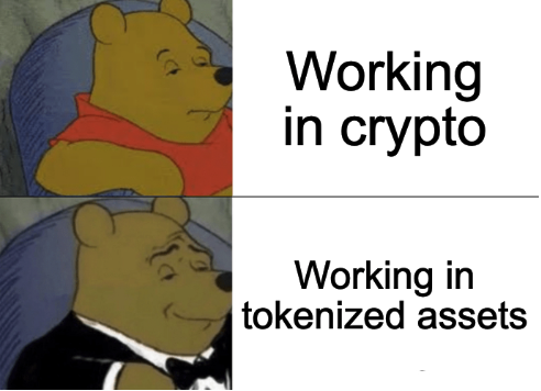 A "Tuxedo Winnie the Pooh" meme comparing "Working in crypto" (looking unimpressed) to "Working in tokenized assets" (looking sophisticated in a tuxedo).