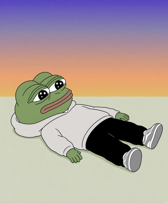 A digital illustration of Pepe the Frog character wearing a white hoodie, black pants, and sneakers, lying down on a flat surface against a gradient sunset sky background.