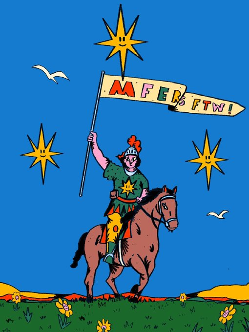 A cartoon knight on horseback holding a flag that reads 'MFERS FTW!' against a blue sky with smiling stars.