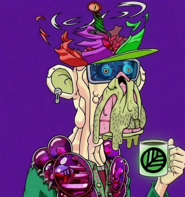 A grotesque cartoon figure with melting green slime, a purple hat adorned with leaves and a feather, oversized purple sunglasses, and spiked purple beads holds a white mug featuring a green circular leaf logo, with swirling psychedelic vibes around his head.

The image's surreal, maximalist aesthetic and the visible CNPY (Canopy Network) logo on the mug tie directly to the post about CNPY Network's unconventional philosophy of launching chains that reinforce rather than cannibalize their ecosystem.