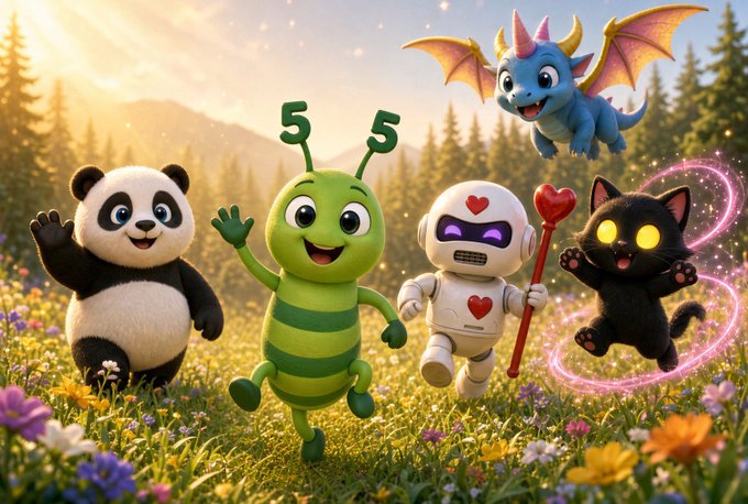 A colorful 3D animated scene featuring cute cartoon characters including a panda, green bug with antennae shaped like '55', a robot, a flying dragon, and a black cat with glowing eyes in a meadow.