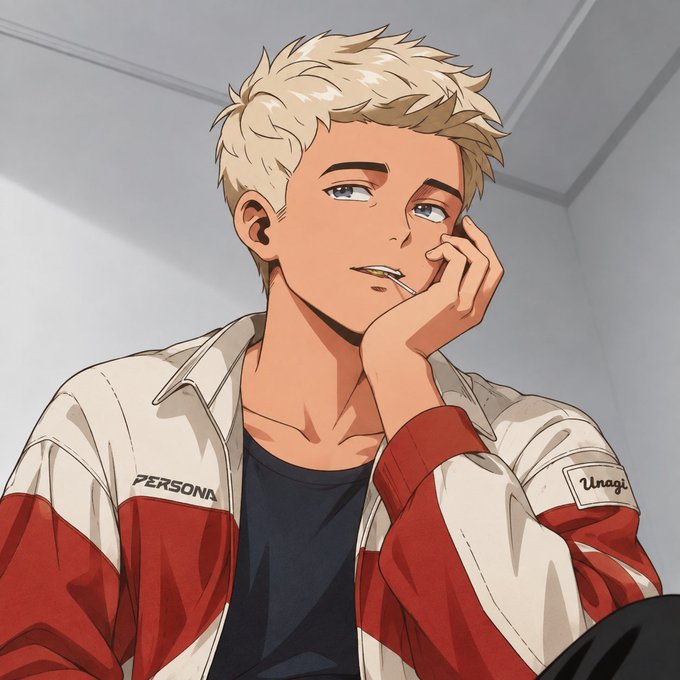 Anime-style illustration of a blonde-haired man with blue eyes resting his face on his hand, wearing a red and white jacket labeled 'PERSONA' and 'Unagi'.