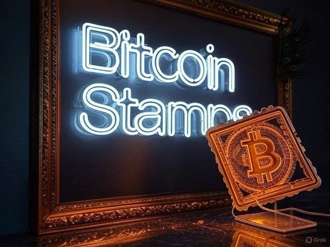 A glowing neon sign reading "Bitcoin Stamp" sits inside an ornate gold frame, with an illuminated orange Bitcoin-branded stamp display placed beside it, visually representing the tweet's claim that Bitcoin is embedded in the core DNA of the SRC20 Bitcoin token $STAMP.