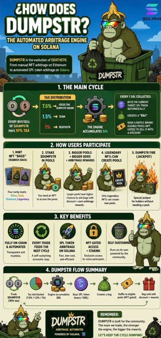 An infographic titled 'HOW DOES DUMPSTR WORK?' explaining 'THE AUTOMATED ARBITRAGE ENGINE ON SOLANA' with sections on tax distribution, user participation, key benefits, and flow summary, featuring a cartoon gorilla mascot.