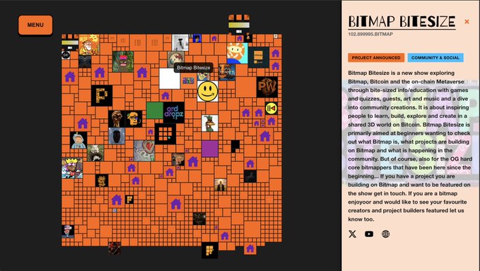 A screenshot of the Bitmap Bitesize project page showing a large grid of 102,899,995 bitmap tiles with various characters and emojis, alongside a description introducing it as a new show exploring Bitmap, Bitcoin, and the on-chain Metaverse through community creations.