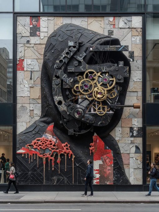 A large street art mural of a hooded figure features exposed brass gears and mechanical elements in place of a face, mounted on a building facade as pedestrians walk by.