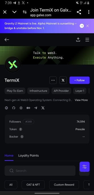 A mobile screenshot from app.galxe.com showing the TermiX project page, which advertises itself as a 'Next-gen AI Web3 Operating System' and 'Talk to web3. Execute Anything,' featuring a green X logo and a Follow button.