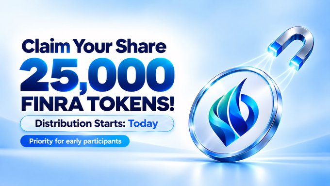 A promotional advertisement banner reading 'Claim Your Share 25,000 FINRA TOKENS!' with 'Distribution Starts: Today' and 'Priority for early participants' displayed next to a magnet attracting a blue and silver token.