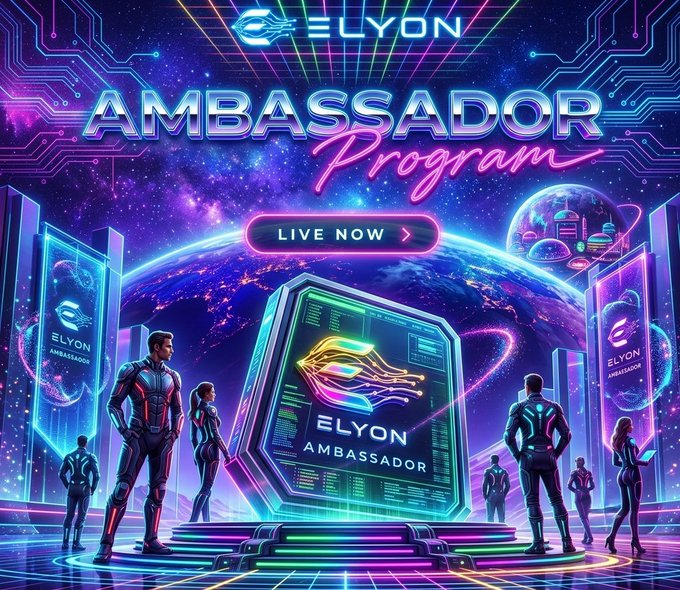 A promotional image for the 'ELYON Ambassador Program' with 'LIVE NOW' button, featuring a futuristic cyberpunk scene with figures in suits standing around a glowing ELYON platform against a cosmic backdrop.