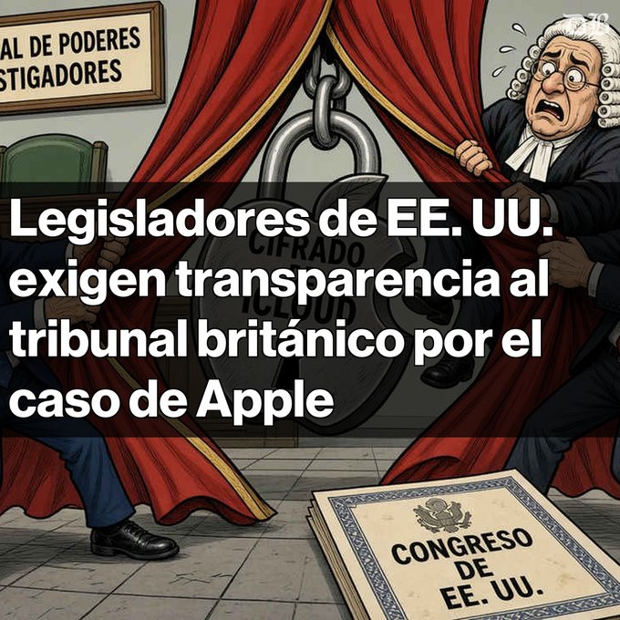 A cartoon illustration with Spanish text 'Legisladores de EE. UU. exigen transparencia al tribunal británico por el caso de Apple', showing judges pulling back a curtain to reveal a padlock labeled 'CIFRADO iCLOUD' and a document reading 'CONGRESO DE EE. UU.'.